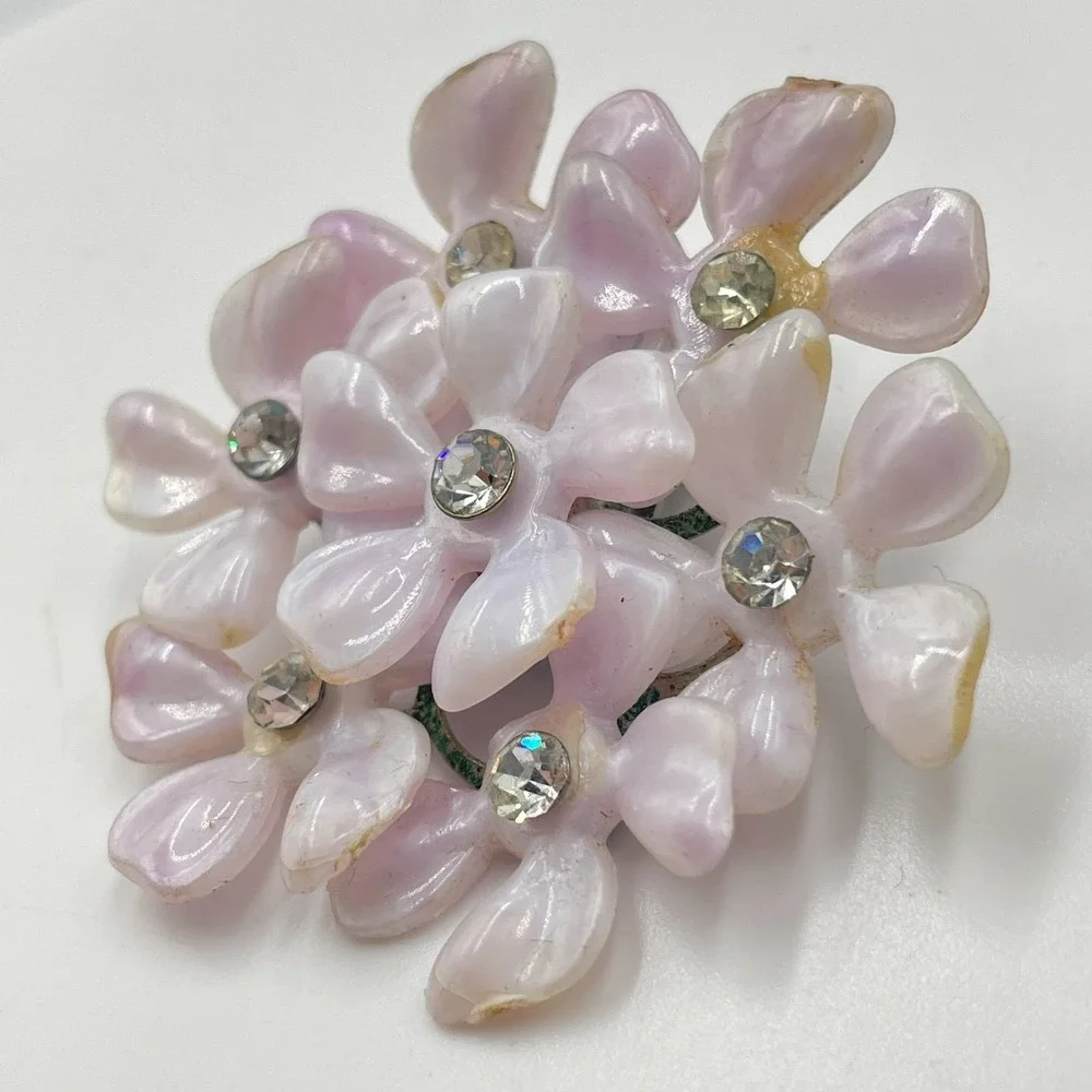 Vintage 1960s Mid Century Pastel Pink Enamel Flower Cluster Clip On Earrings